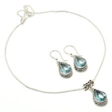 Colar e brincos feitos à mão folheados a prata 925 topázio azul conjunto de 18" comprar usado  Enviando para Brazil
