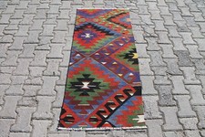 Usado, Tapete de lã tribal abstrato azul vermelho turco multicolorido feito à mão 2x5 pés comprar usado  Enviando para Brazil