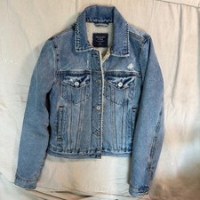 Jaqueta jeans Abercrombie & Fitch feminina M Sherpa forrada angústia grunge comprar usado  Enviando para Brazil