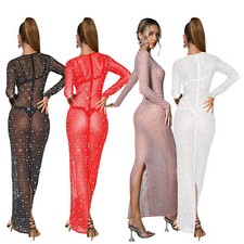 Vestido maxi feminino sexy malha cintilante transparente strass manga longa noite comprar usado  Enviando para Brazil