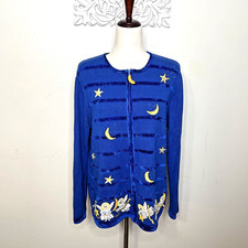 Suéter QUACKER FACTORY Vintage GRANDE Cardigã Anjos Céu Noturno Estrelas Lua AZUL comprar usado  Enviando para Brazil