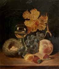 Antigua pintura al óleo antigua BRITÁNICA naturaleza muerta fruta y pájaro nido LADELL interés segunda mano  Embacar hacia Mexico