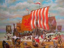 LEON GOODMAN EDIÇÃO LIMITADA DE PINTURA "Hardradas Landing" navio Vikings Viking comprar usado  Enviando para Brazil