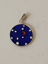 PINGENTE REDONDO PRATA ESTERLINA 925 cobolt céu azul estrelas lua arte vidro assinado AMV, usado comprar usado  Enviando para Brazil