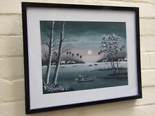 Pintura a óleo oriental original moderna ''Pescador no barco à noite 'Vidro emoldurado comprar usado  Enviando para Brazil