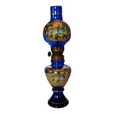 Lâmpada a óleo vintage boêmia de vidro azul cobalto pintada à mão dourada com flores comprar usado  Enviando para Brazil