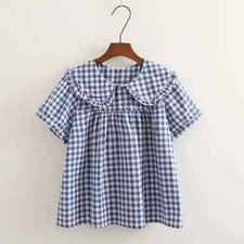 Camisa feminina estudante doce tops menina Peter Pan colarinho xadrez linda blusa solta comprar usado  Enviando para Brazil