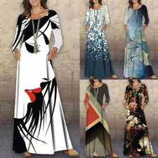 Vestido maxi feminino boho manga longa floral gola redonda festa férias vestidos longos ☊ comprar usado  Enviando para Brazil