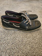 Sapatos femininos Bass Waverly barco mocassins de couro preto com cadarço parte superior baixa tamanho 8M comprar usado  Enviando para Brazil