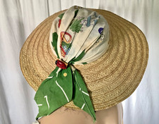 Cachecol de tecido vintage palha chapéu jardim anos 40 alça de queixo algodão ráfia aba larga inseto comprar usado  Enviando para Brazil