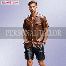 CAMISA MASCULINA DE COURO DE CORDEIRO MARROM E PRETO GOLA LAPELA E SHORTS BOLSO CARGO comprar usado  Enviando para Brazil