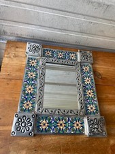 Arte folclórica mexicana feita à mão estanho perfurado e espelho de azulejo Talavera 13" X 11" comprar usado  Enviando para Brazil