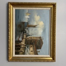 Arte de pared enmarcado firmado con escena de puerto pintura al óleo original vintage barcos segunda mano  Embacar hacia Mexico