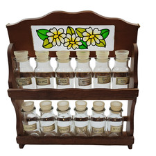 Rack de especiarias vintage de madeira com 12 garrafas de vidro e decoração de cozinha azulejo floral, usado comprar usado  Enviando para Brazil