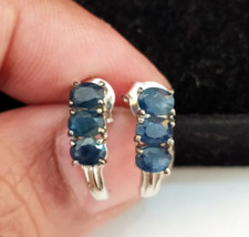 Brincos de três pedras de safira azul natural - Pedra de nascimento azul - Tachas de prata esterlina comprar usado  Enviando para Brazil