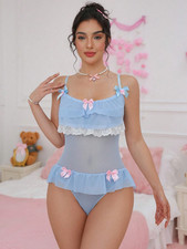 Conjunto de lingerie sexy atrevida macacão saia babados renda azul bebê Kawaii comprar usado  Enviando para Brazil