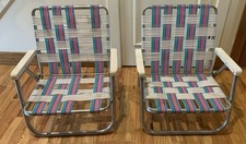 2 cadeiras dobráveis de alumínio vintage perfil baixo praia gramado webbed azul pastel/rosa comprar usado  Enviando para Brazil