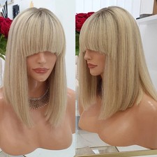 Short Bob Cut Ombre Ash Loiro Destaque com Bangs 100% Cabelo Humano Sem Renda comprar usado  Enviando para Brazil