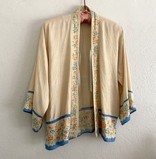 Jaqueta de cama antiga japonesa dos anos 20 pongee seda jardim floral azul quimono comprar usado  Enviando para Brazil