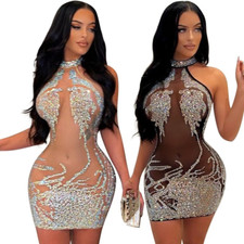 Usado, Mini vestido clubwear feminino sexy malha transparente strass bodycon festa noturna comprar usado  Enviando para Brazil