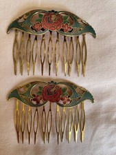 Dois pentes de cabelo vintage cloisonné design floral, usado comprar usado  Enviando para Brazil