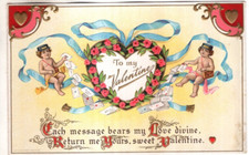 ANTIGO CARTÃO POSTAL DOS NAMORADOS EM RELEVO DOIS CUPIDOS, CARTAS DE AMOR, CORAÇÃO, FITA comprar usado  Enviando para Brazil