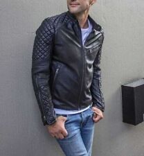 Novo Casaco de Couro Genuíno Masculino Preto Acolchoado Slim Fit Motociclista comprar usado  Enviando para Brazil