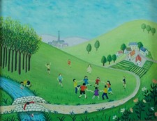 Usado, Cuadro Moderno Thérèse POUGET La Ronda Infantil Paisaje Naïf Cannes comprar usado  Enviando para Brazil