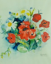 Antico Quadro Acquerello Tolosa Amanda Bonnieu Fiori Papavero Sete 1950 comprar usado  Enviando para Brazil