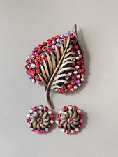 Vintage KARU ARKE, Conjunto de Broche e Brinco Folha INC, Vermelho Rubi e Cristal AB! comprar usado  Enviando para Brazil