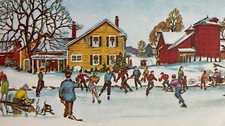 Cartão de Natal vintage infantil hóquei lago congelado patinação no gelo bairro moda antiga dos anos 50 comprar usado  Enviando para Brazil