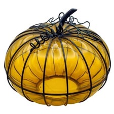 Vidro âmbar soprado à mão ferro forjado enjaulado abóbora vela sombra lanterna Halloween comprar usado  Enviando para Brazil