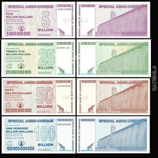 ZIMBABWE SET 4 PCS 5, 25, 50 & 100 BILLION 2008 AGRO-CHEQUE Pick-61-62-63-64 UNC comprar usado  Enviando para Brazil
