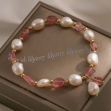 Pulseira elástica pérola branca natural cristal quartzo morango pedras preciosas irregulares, usado comprar usado  Enviando para Brazil