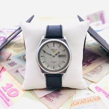 Vintage Seiko 5 Mostrador Prata Relógio Automático Calendário Duplo Anos 80 Pulseira Preta comprar usado  Enviando para Brazil