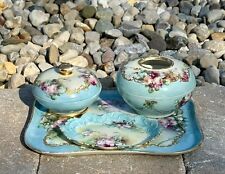 Conjunto de penteadeira antigo LIMOGES 4 peças azul floral pintado à mão marcado comprar usado  Enviando para Brazil