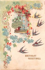 Andorinhas por Forget-Me-Nots e janela com trevos de seda 4 folhas-1908 PC de aniversário comprar usado  Enviando para Brazil