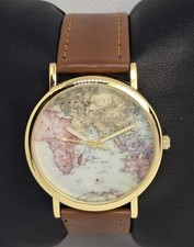 Relógio unissex clássico redondo tom dourado estojo mapa do mundo mostrador couro sintético marrom 06, usado comprar usado  Enviando para Brazil