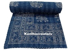 Colcha de algodão tamanho King reversível azul índigo Kantha design elefante comprar usado  Enviando para Brazil
