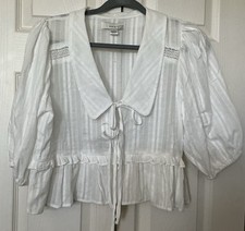 Boêmio, feminino tamanho M, blusa branca, frente de gravata, colarinho, recortado, manga 3/4, faixa do, usado comprar usado  Enviando para Brazil