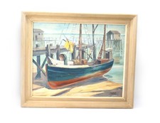 Pintura a óleo vintage de barco de pesca emoldurada cena costeira Charles Councell comprar usado  Enviando para Brazil
