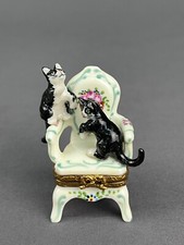 Poltrona floral rara Limoges com dois gatos porcelana 2 1/4" caixa de bugigangas: ESTADO PERFEITO comprar usado  Enviando para Brazil