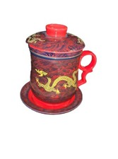 Taza de té de porcelana Dragon, tapa, filtro infusor, platillo arte chino marcado segunda mano  Embacar hacia Mexico
