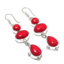 Brinco de prata esterlina 925 feito à mão com pedra preciosa de coral vermelho tamanho 2,5" comprar usado  Enviando para Brazil