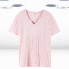 Camiseta Feminina Ex Hush Manga Curta Mescla de Linho Decote V Profundo Rosa comprar usado  Enviando para Brazil