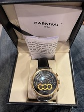 Relógio cronógrafo I&W carnaval design cinto caixa dourada mostrador azul pulseira preta comprar usado  Enviando para Brazil