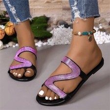 Usado, Chinelos femininos de strass casual biqueira redonda verão biqueira plana biqueira comprar usado  Enviando para Brazil