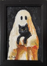 Usado, PINTURA A ÓLEO ORIGINAL GATO PRETO E FANTASMA HALLOWEEN ASSINADA EMOLDURADA 4x6 comprar usado  Enviando para Brazil