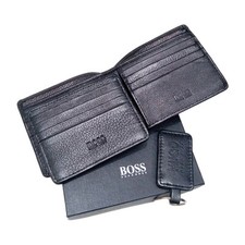 Usado, Conjunto de carteira bi-dobrável Hugo Boss couro real, porta-cartão de crédito e chaveiro preto comprar usado  Enviando para Brazil