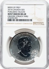 2014 Canadá $5 1oz prata NGC MS68 Falcon anverso atingido em perfeito estado erro BOP comprar usado  Enviando para Brazil